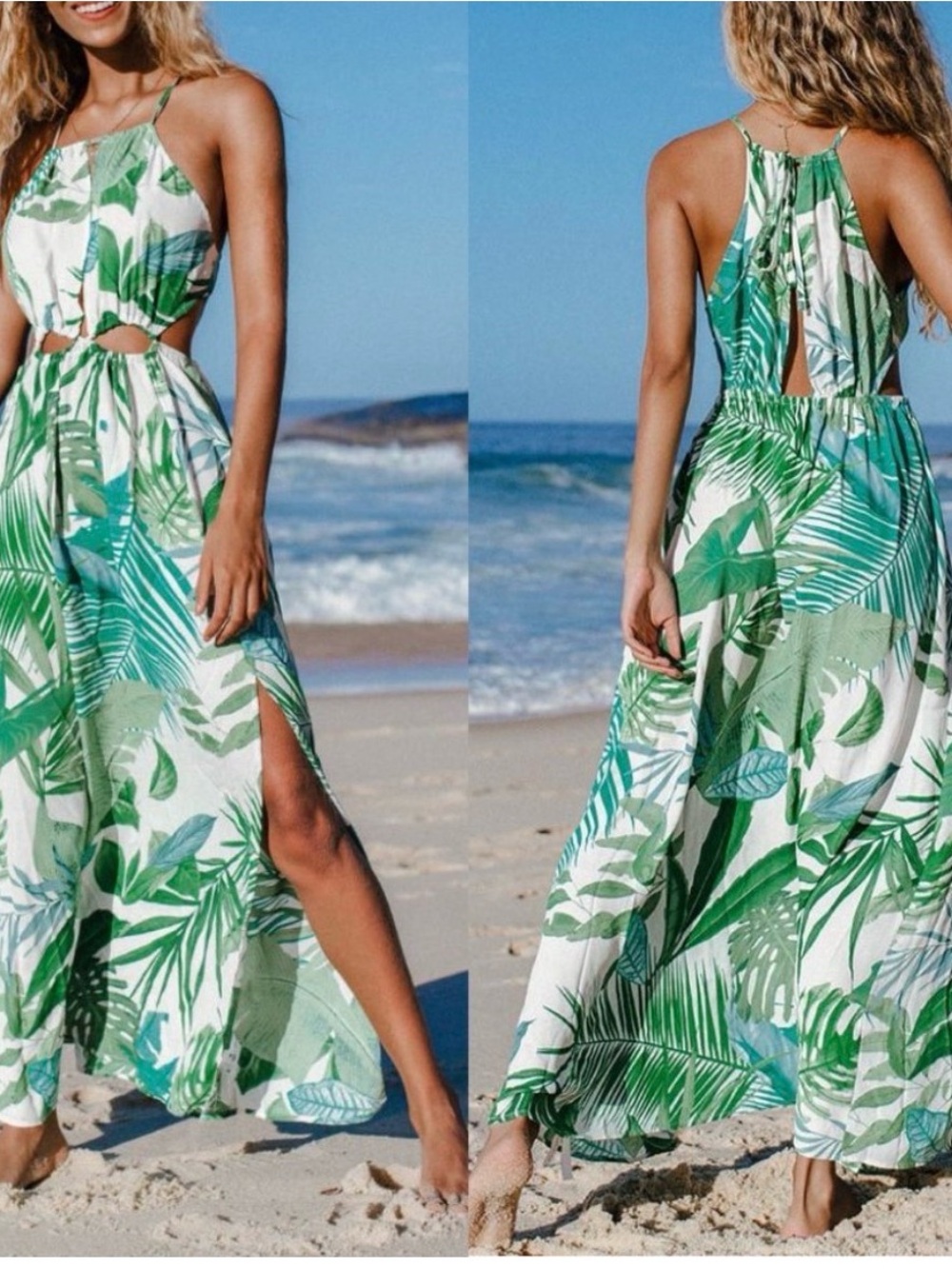 Cupshe Green Leaf Halter Cutout Maxi Dress